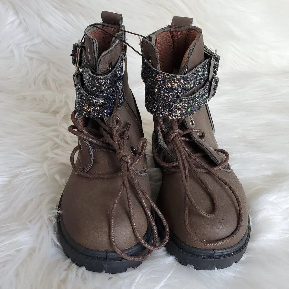 Blue Girls' Brown Glitter Strap Zip Lace Boots SZ 8